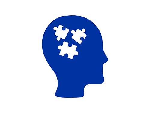 Blue and white icon depicting a person with questions.